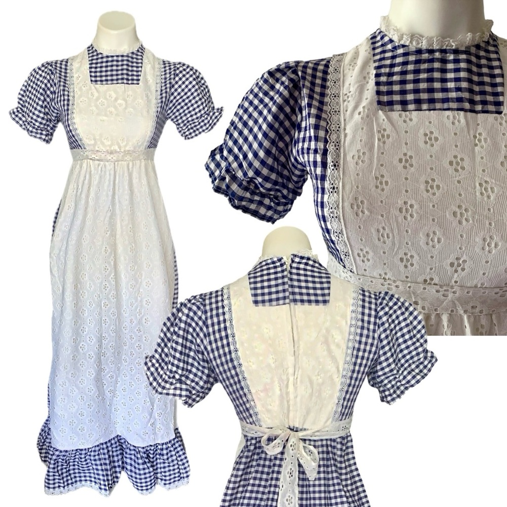Vintage Gingham Eyelet Dirndl Milkmaid Dress Peasant Apron